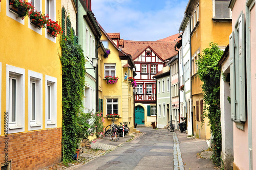 Colorful street of traditional buildings in the Old Town of Bamberg  Bavaria  Germany