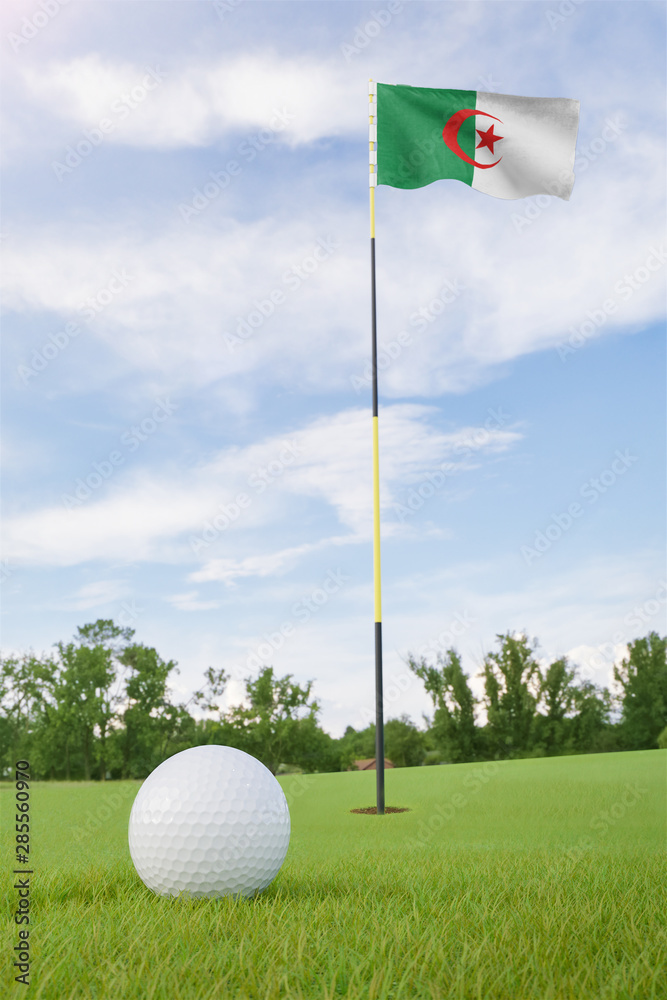 Obraz premium Algeria flag on golf course putting green with a ball near the hole