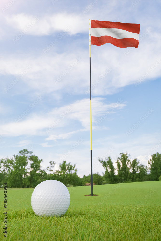 Obraz premium Austria flag on golf course putting green with a ball near the hole