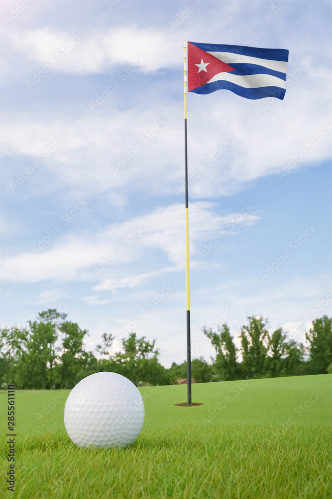 Obraz premium Cuba flag on golf course putting green with a ball near the hole
