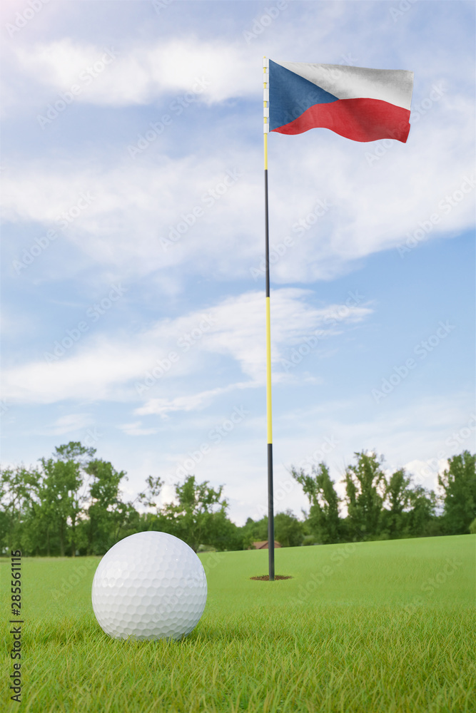 Obraz premium Czech Republic flag on golf course putting green with a ball near the hole
