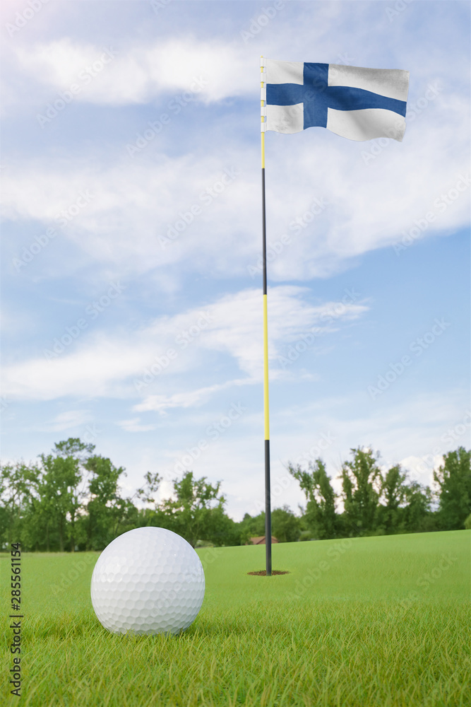 Obraz premium Finland flag on golf course putting green with a ball near the hole