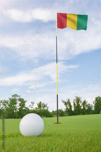 Guinea flag on golf course putting green with a ball near the hole