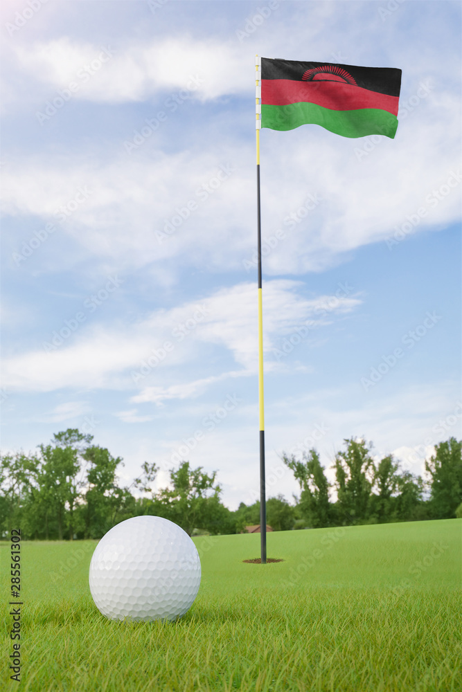 Obraz premium Malawi flag on golf course putting green with a ball near the hole