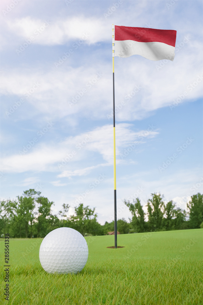 Obraz premium Monaco flag on golf course putting green with a ball near the hole