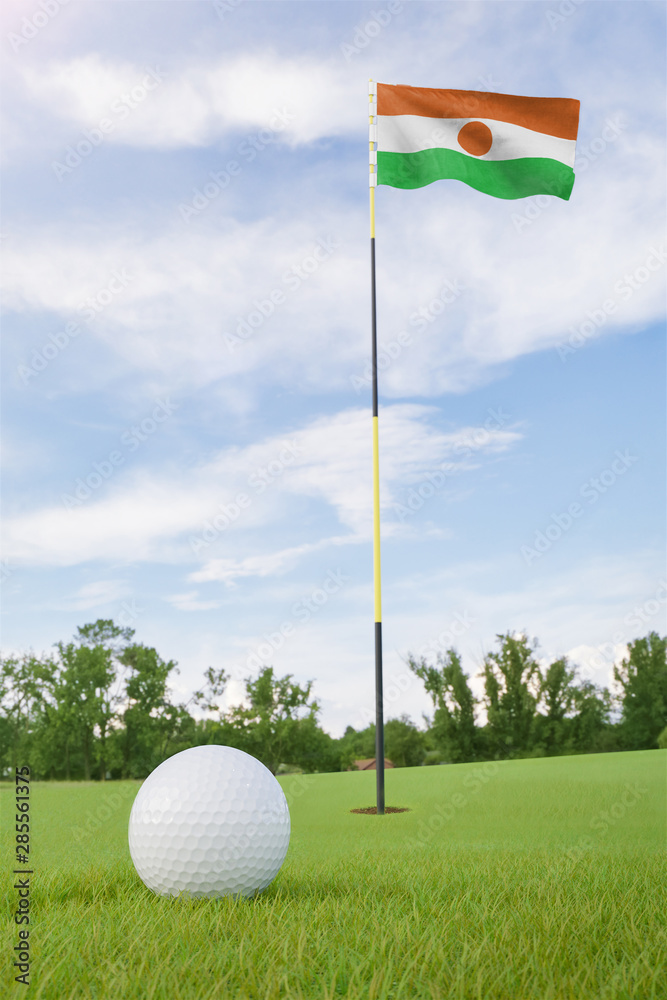 Obraz premium Niger flag on golf course putting green with a ball near the hole