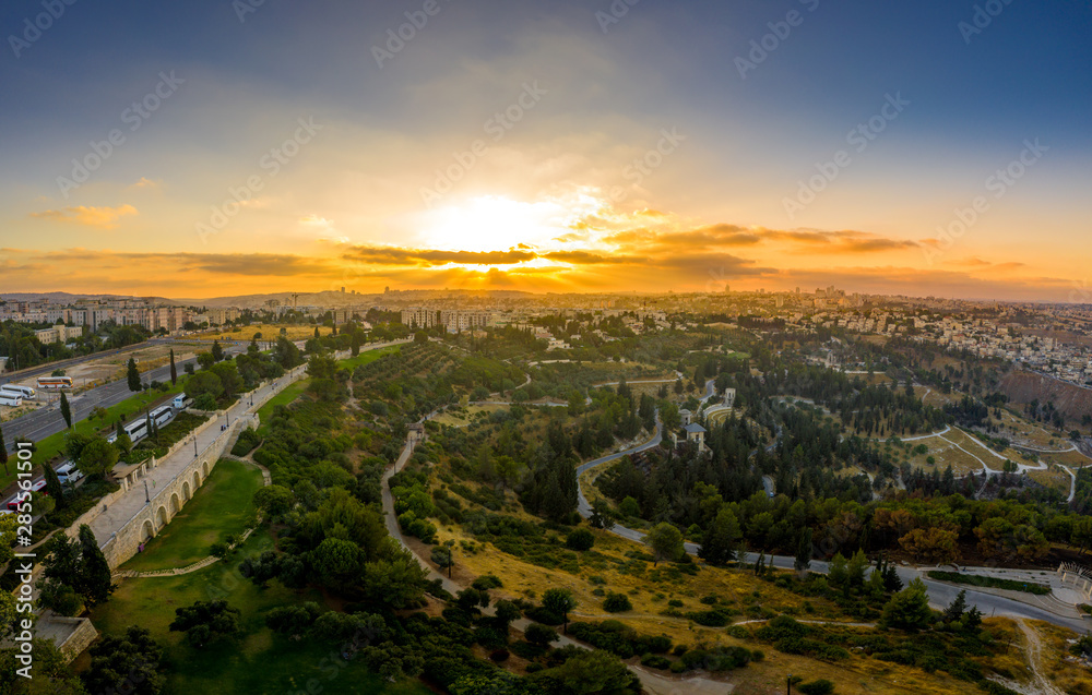 Aerial view of sunset over Jerusalem the eternal city