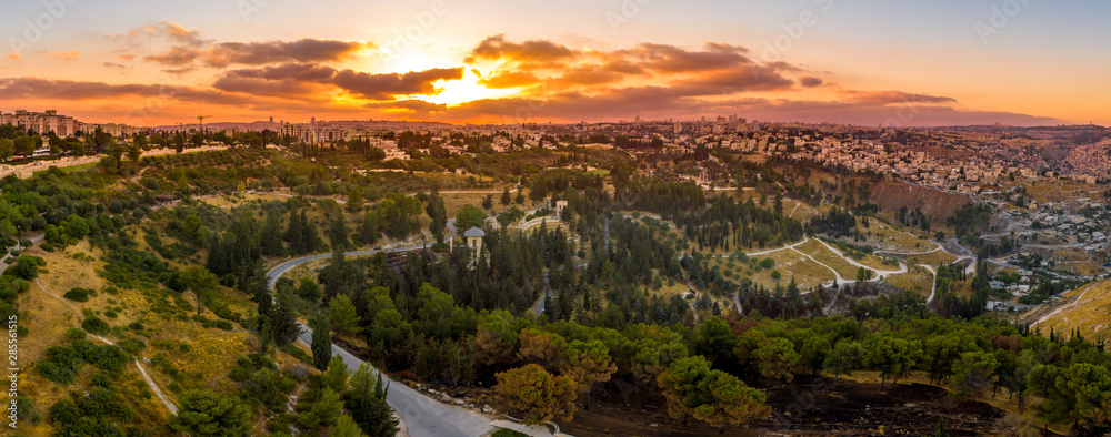 Aerial sunset view of Jerusalem  with the old city and the western parts, Rehavia, Abu Tor and talpiyot