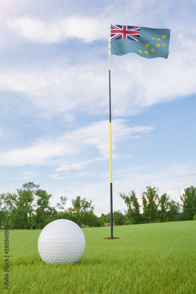 Obraz premium Tuvalu flag on golf course putting green with a ball near the hole