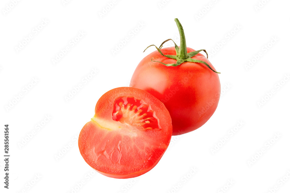 Whole and cut tomato isolated on white background, full depth of field, no shadow, poison for design Whole and cut tomato isolated on white background, full depth of field, no shadow, poison for design