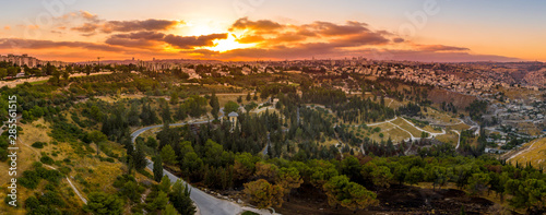 Aerial sunset view of Jerusalem  with the old city and the western parts  Rehavia  Abu Tor and talpiyot