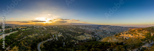 Aerial sunset view of Jerusalem  with the old city and the western parts, Silwan, Rehavia, Abu Tor and talpiyot