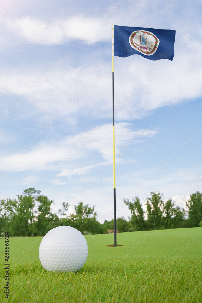 Obraz premium Virginia flag on golf course putting green with a ball near the hole