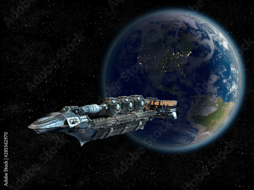 Fototapeta Naklejka Na Ścianę i Meble -  Detailed spaceship in near Earth orbit