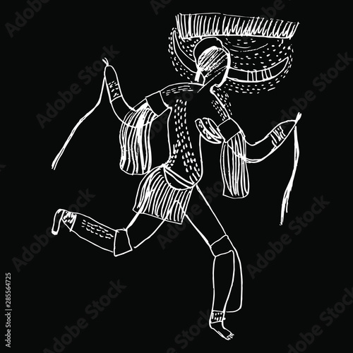 Running horned woman or goddess from Tassili n’Ajjer. Rock painting from Sahara desert in Africa. Hand drawn sketch. White silhouette on black background. Isolated vector illustration.