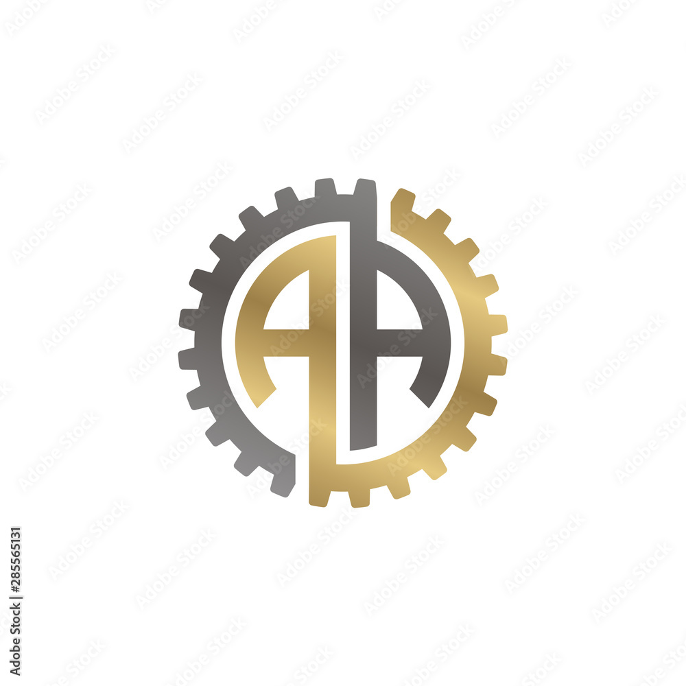 Initial letter A and A, AA, interlock cogwheel gear monogram logo, black gold on white background Initial letter A and A, AA, interlock cogwheel gear monogram logo, black gold on white background