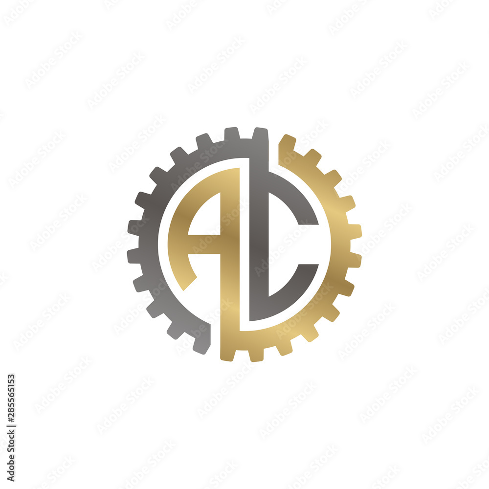 Initial letter A and C, AC, interlock cogwheel gear monogram logo, black gold on white background Initial letter A and C, AC, interlock cogwheel gear monogram logo, black gold on white background