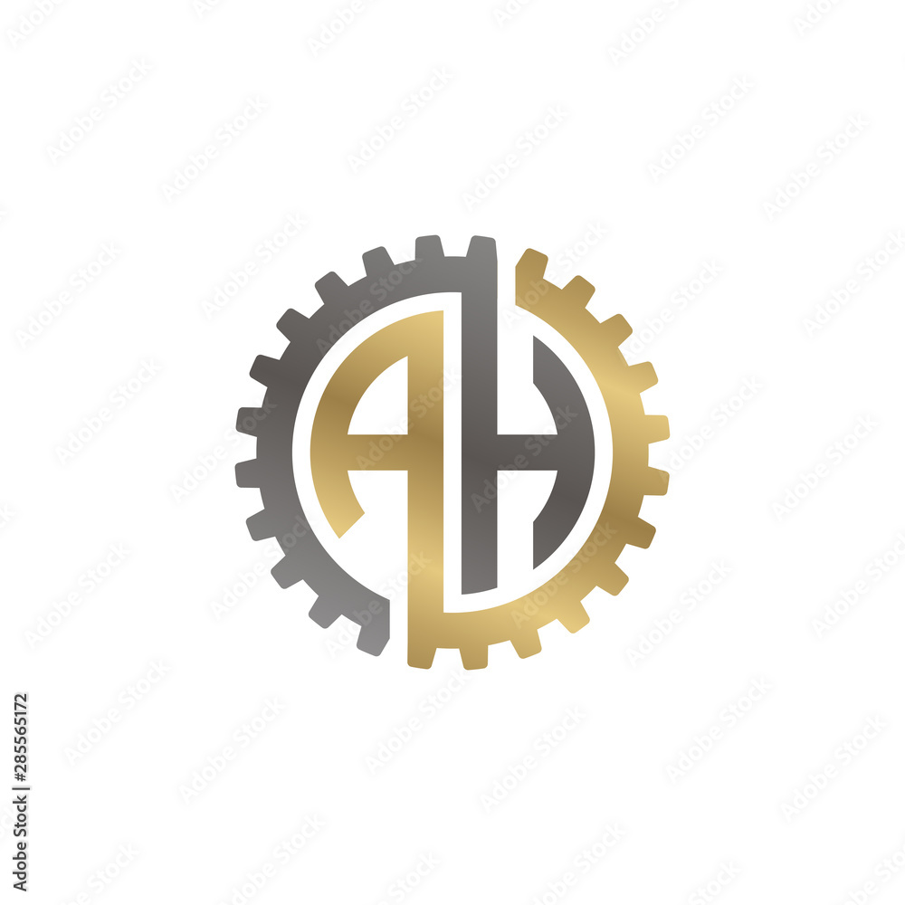Initial letter A and H, AH, interlock cogwheel gear monogram logo, black gold on white background Initial letter A and H, AH, interlock cogwheel gear monogram logo, black gold on white background