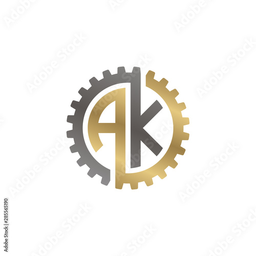 Initial letter A and K, AK, interlock cogwheel gear monogram logo, black gold on white background