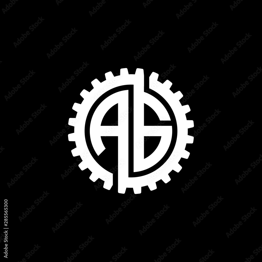 Initial letter A and G, AG, interlock cogwheel gear monogram logo, white color on black background Initial letter A and G, AG, interlock cogwheel gear monogram logo, white color on black background