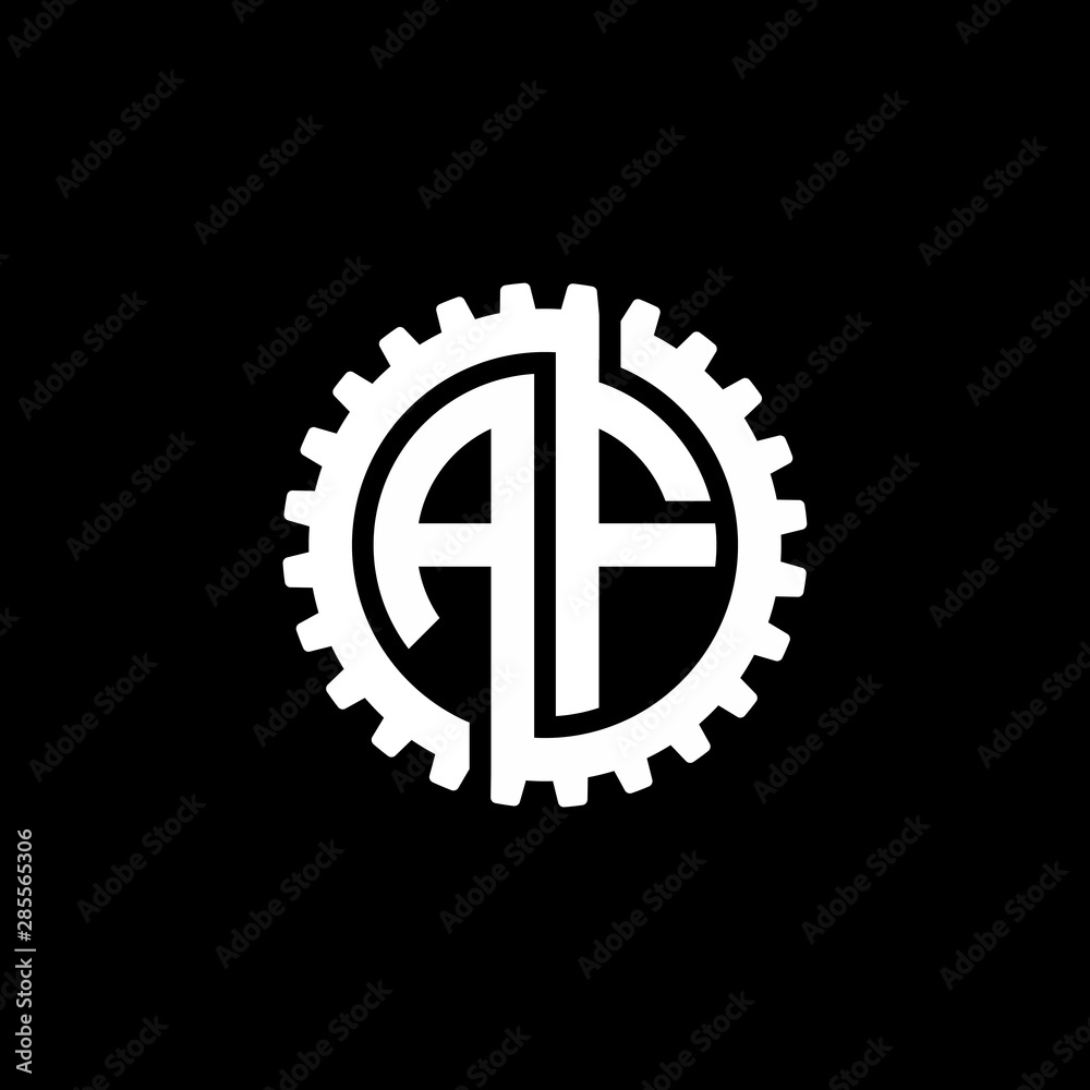 Initial letter A and F, AF, interlock cogwheel gear monogram logo, white color on black background Initial letter A and F, AF, interlock cogwheel gear monogram logo, white color on black background