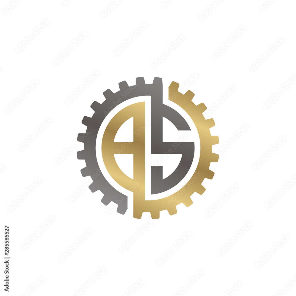 Initial letter B and S, BS, interlock cogwheel gear monogram logo, black gold on white background Initial letter B and S, BS, interlock cogwheel gear monogram logo, black gold on white background