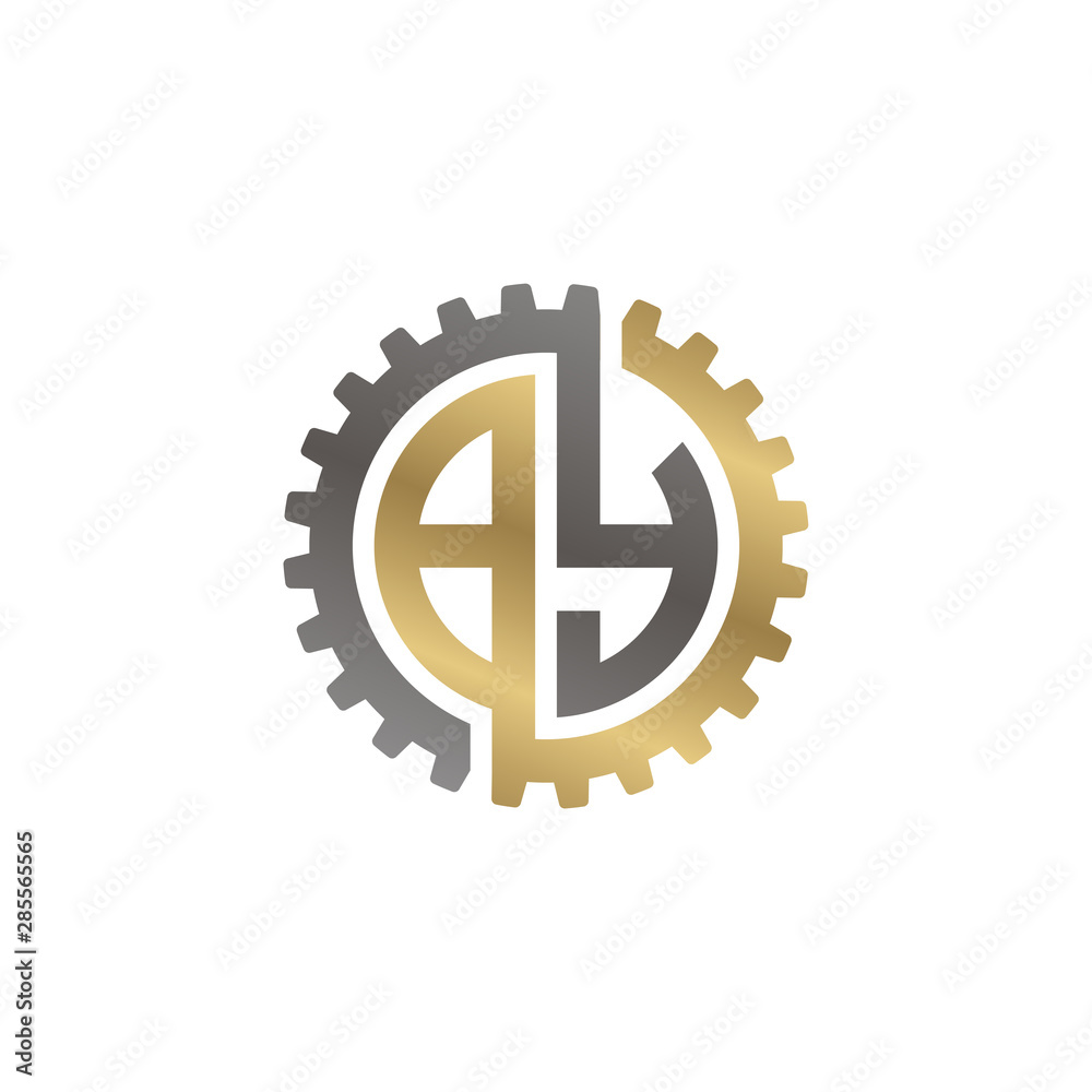 Initial letter B and Y, BY, interlock cogwheel gear monogram logo, black gold on white background Initial letter B and Y, BY, interlock cogwheel gear monogram logo, black gold on white background
