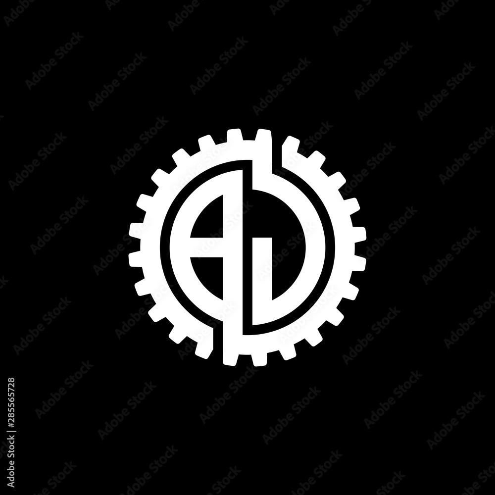 Initial letter B and J, BJ, interlock cogwheel gear monogram logo, white color on black background Initial letter B and J, BJ, interlock cogwheel gear monogram logo, white color on black background