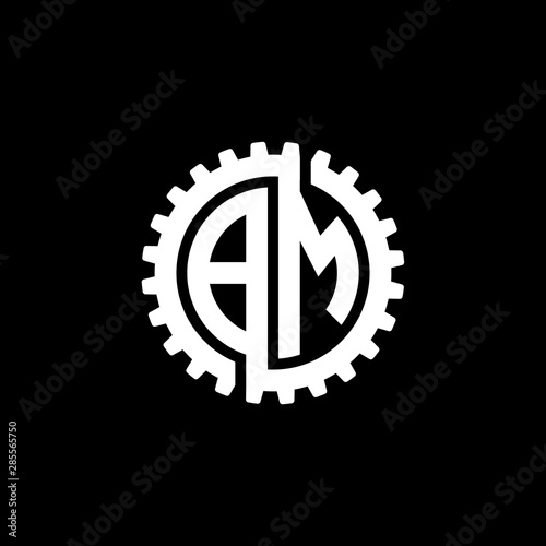 Initial letter B and M, BM, interlock cogwheel gear monogram logo, white color on black background