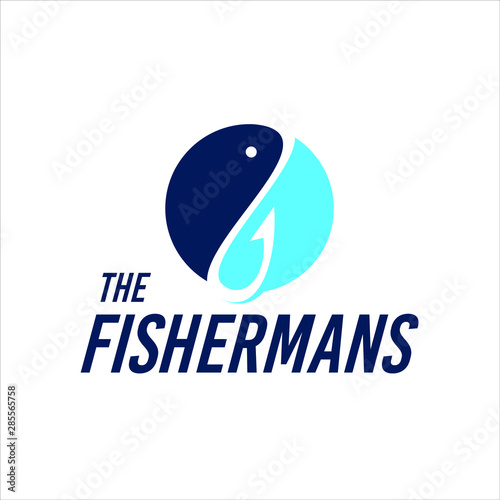 simple modern funny blue hook circle fishing logo design idea 