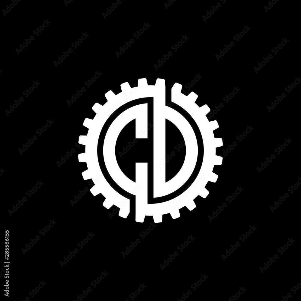 Initial letter C and D, C and O, CD, CO, interlock cogwheel gear monogram logo, white color on black background Initial letter C and D, C and O, CD, CO, interlock cogwheel gear monogram logo, white color on black background