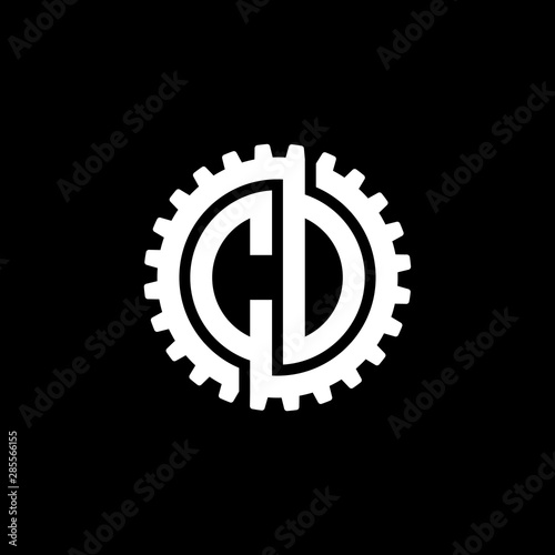 Initial letter C and D, C and O, CD, CO, interlock cogwheel gear monogram logo, white color on black background