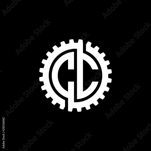 Initial letter C and C, CC, interlock cogwheel gear monogram logo, white color on black background