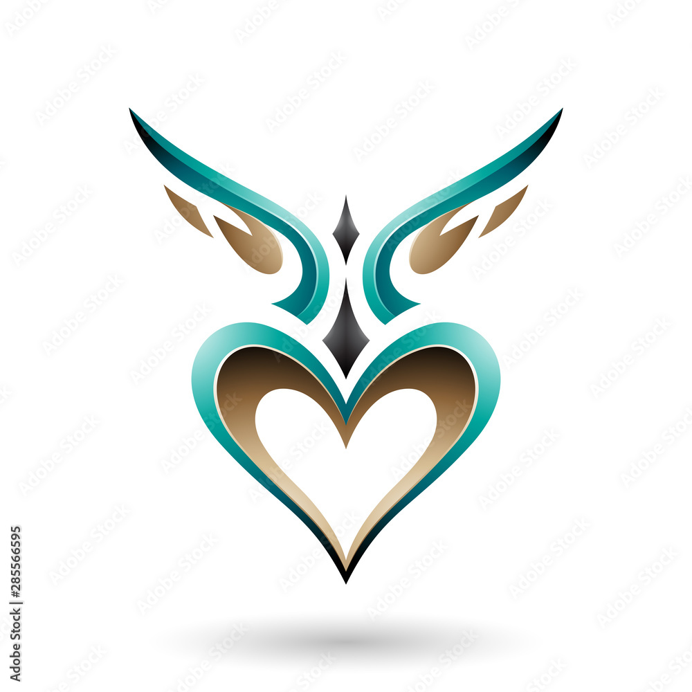 Persian Green Bird Like Winged Heart with a Shadow Vector Illustration