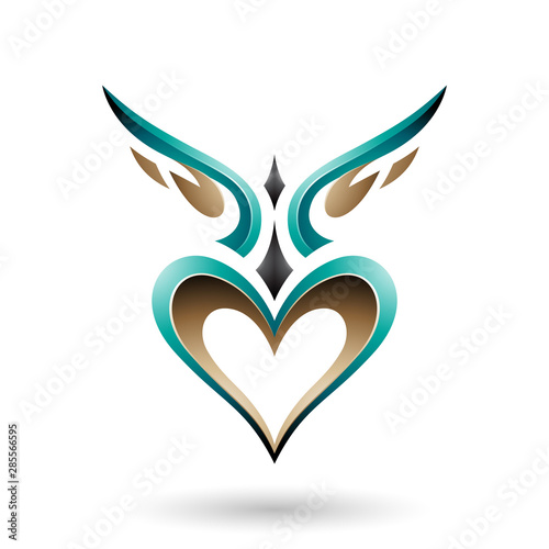 Persian Green Bird Like Winged Heart with a Shadow Vector Illustration