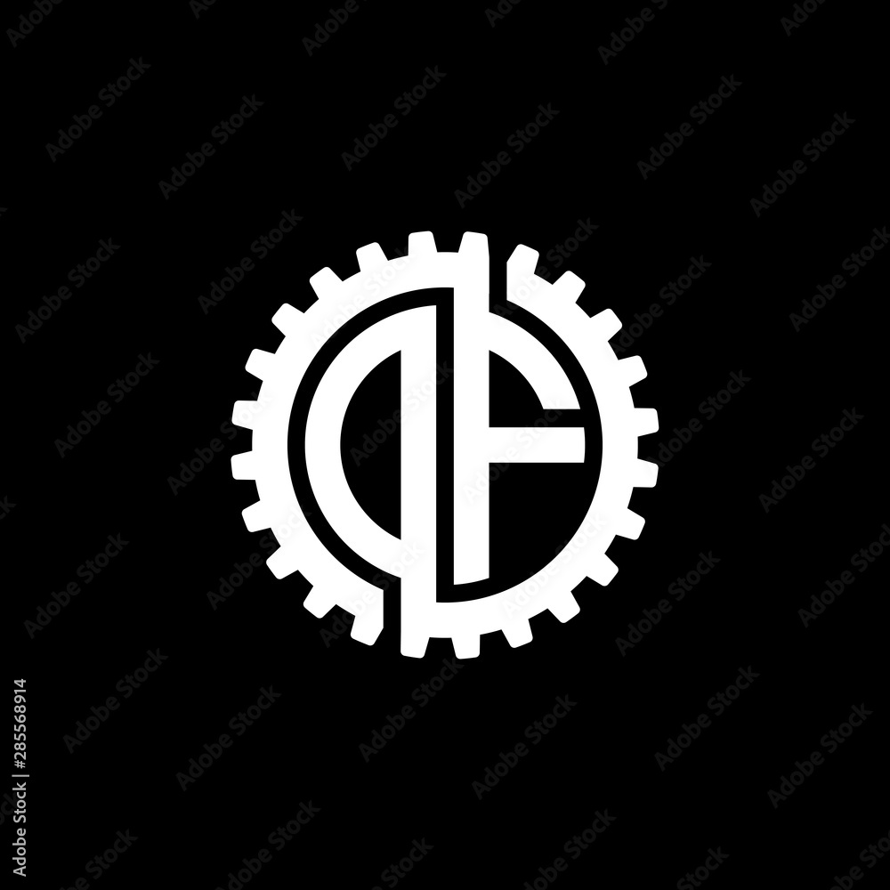 Initial letter D and F, O and F, DF, OF, interlock cogwheel gear monogram logo, white color on black background Initial letter D and F, O and F, DF, OF, interlock cogwheel gear monogram logo, white color on black background
