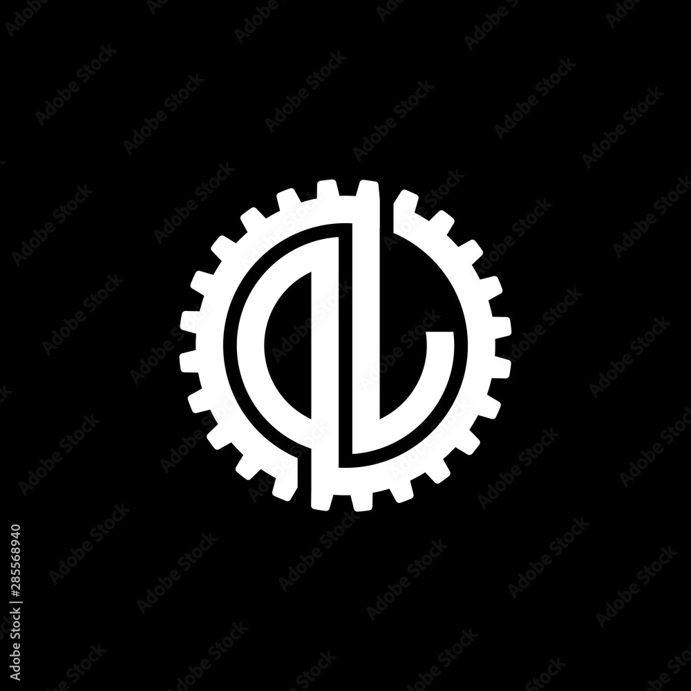 Initial letter D and L, O and L, DL, OL, interlock cogwheel gear monogram logo, white color on black background
