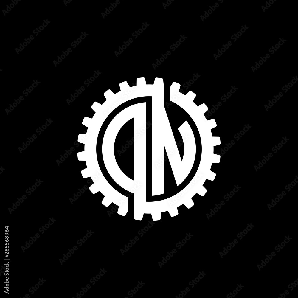 Initial letter D and N, O and N, DN, ON, interlock cogwheel gear monogram logo, white color on black background Initial letter D and N, O and N, DN, ON, interlock cogwheel gear monogram logo, white color on black background