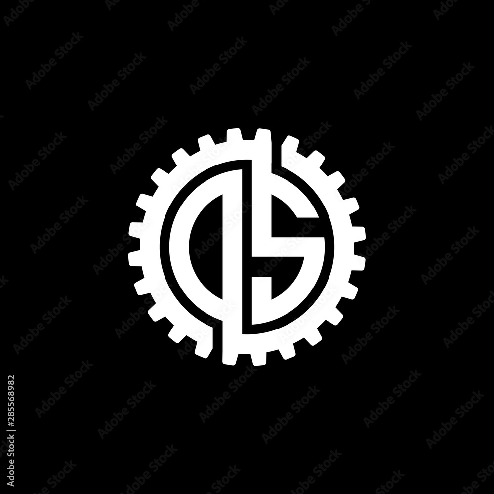 Initial letter D and S, O and S, DS, OS, interlock cogwheel gear monogram logo, white color on black background Initial letter D and S, O and S, DS, OS, interlock cogwheel gear monogram logo, white color on black background