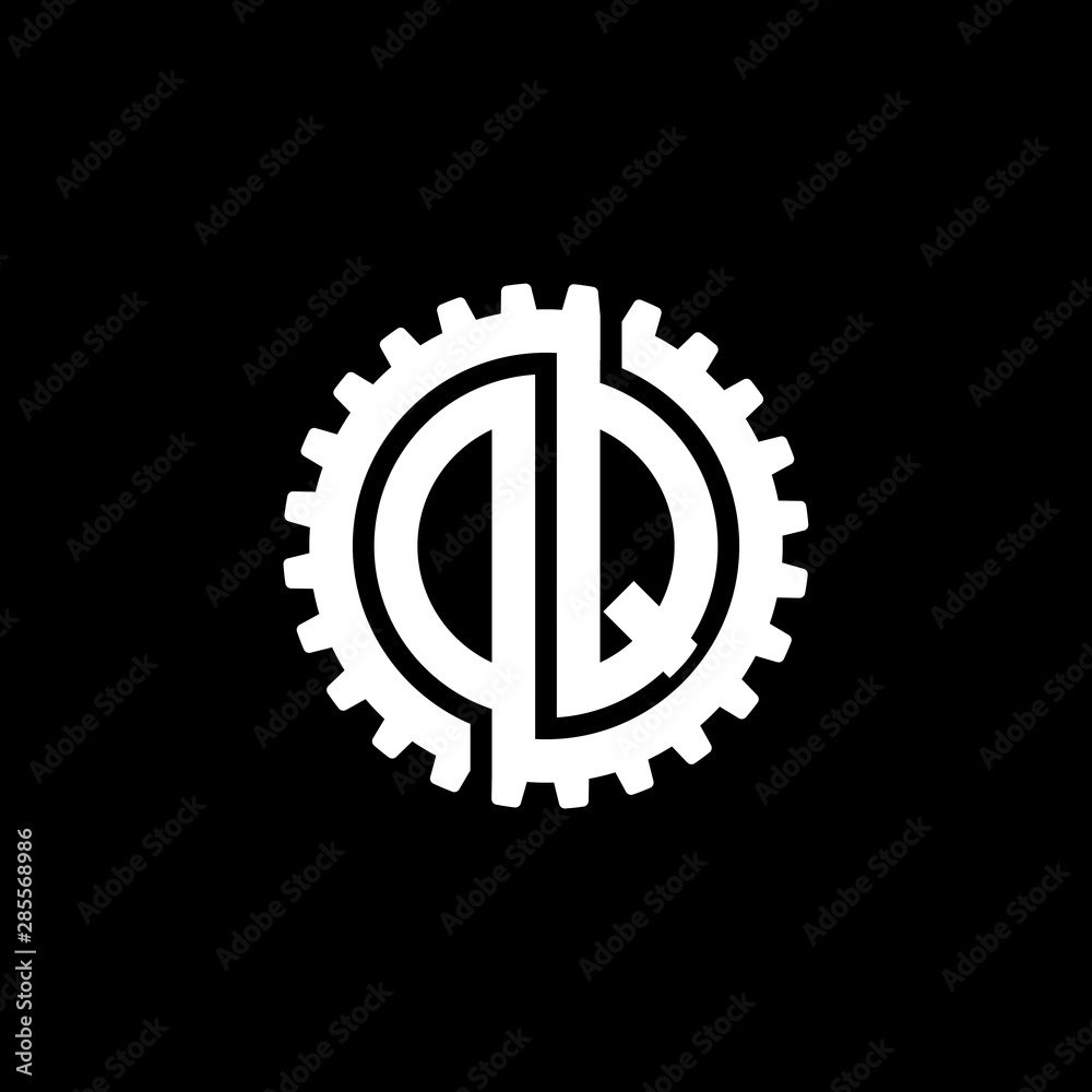 Initial letter D and Q, O and Q, DQ, OQ, interlock cogwheel gear monogram logo, white color on black background Initial letter D and Q, O and Q, DQ, OQ, interlock cogwheel gear monogram logo, white color on black background