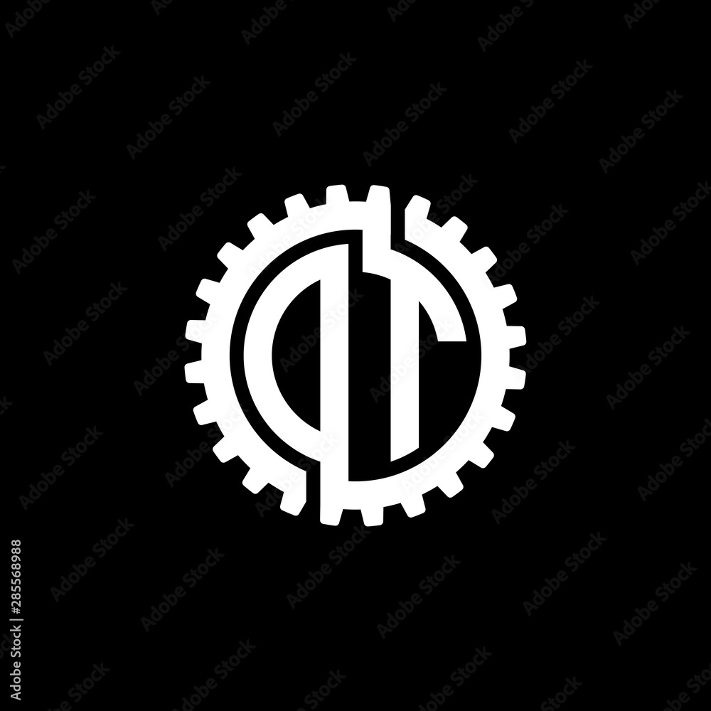 Initial letter D and T, O and T, DT, OT, interlock cogwheel gear monogram logo, white color on black background Initial letter D and T, O and T, DT, OT, interlock cogwheel gear monogram logo, white color on black background