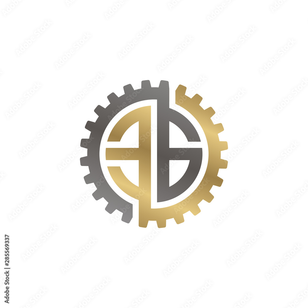 Initial letter E and G, EG, interlock cogwheel gear logo, black gold on white background Initial letter E and G, EG, interlock cogwheel gear logo, black gold on white background