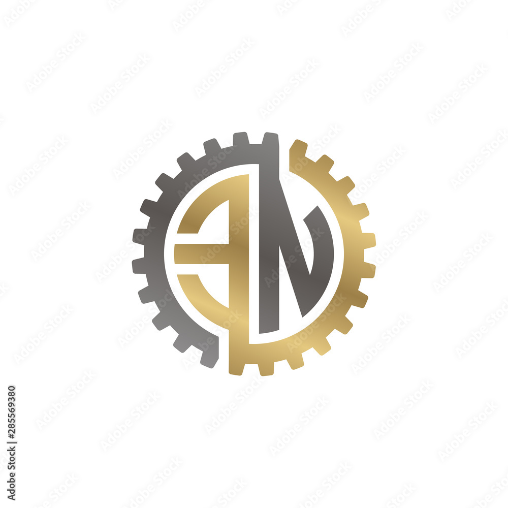 Initial letter E and N, EN, interlock cogwheel gear logo, black gold on white background Initial letter E and N, EN, interlock cogwheel gear logo, black gold on white background