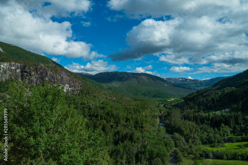 Beautiful view on Naeroydalen Valley and Peaks On Stalheim  Voss Norway. July 2019