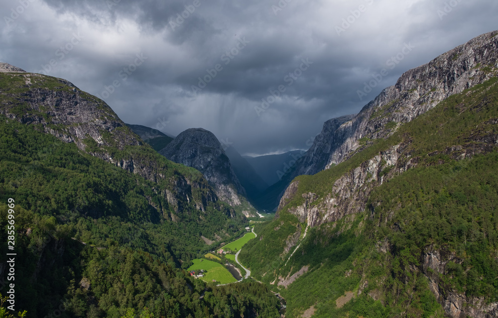 Beautiful view on Naeroydalen Valley and Peaks On Stalheim, Voss Norway. July 2019