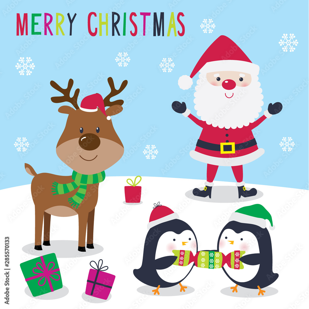 Cute Christmas Character, Santa Clause, penguin and reindeer design vector illustration