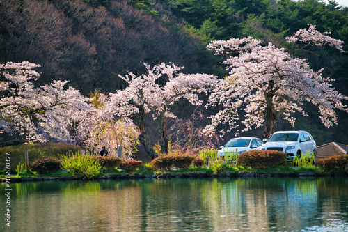 Beautiful morning light at Kagamigaike Park in dakeonsen, Nihommatsu, Fukushima Japan. photo