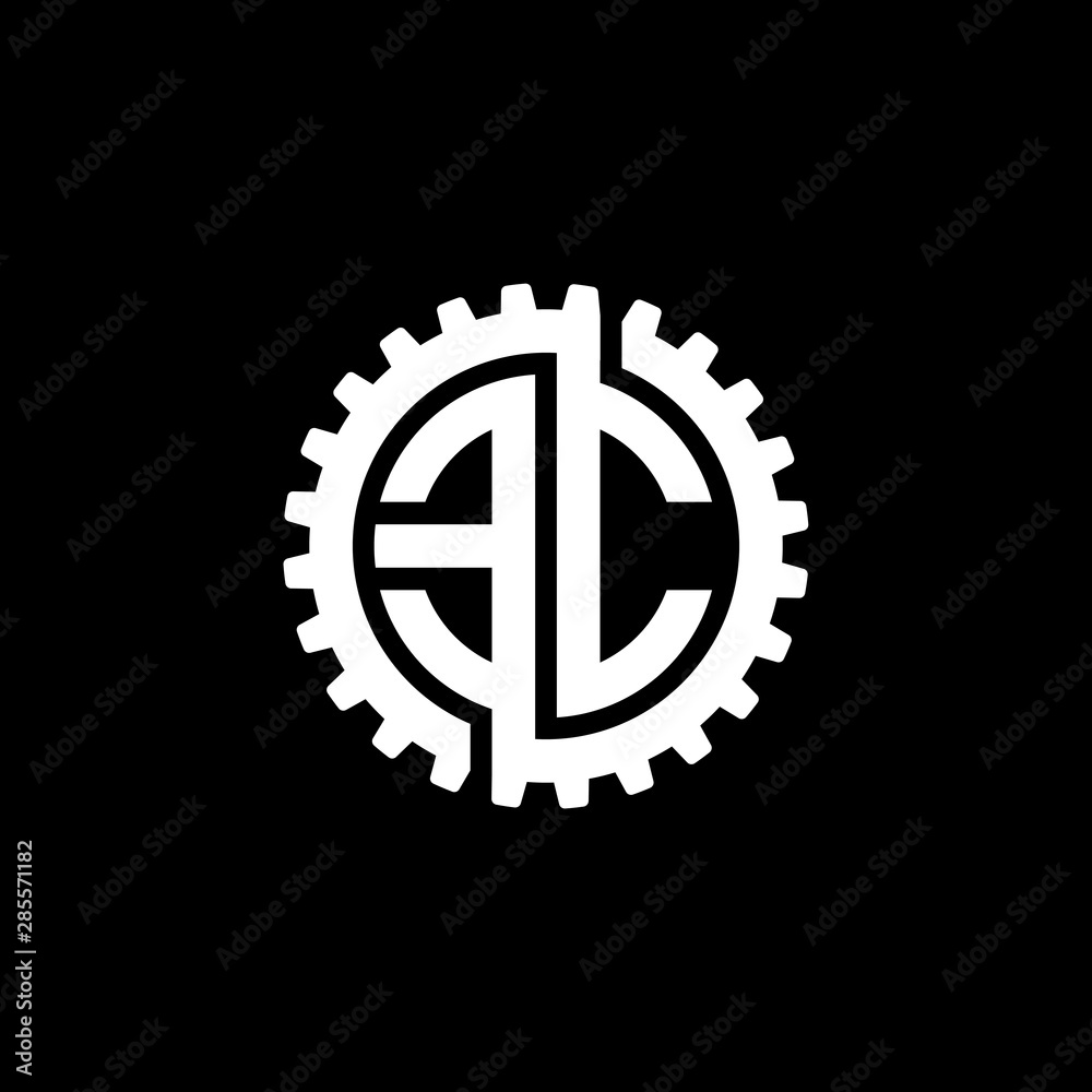Initial letter E and C, EC, interlock cogwheel gear monogram logo, white color on black background Initial letter E and C, EC, interlock cogwheel gear monogram logo, white color on black background