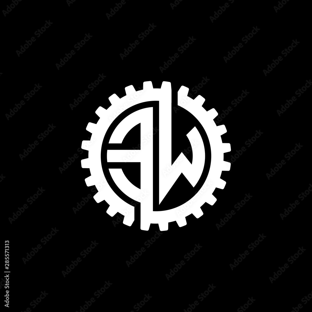 Initial letter E and W, EW, interlock cogwheel gear monogram logo, white color on black background Initial letter E and W, EW, interlock cogwheel gear monogram logo, white color on black background