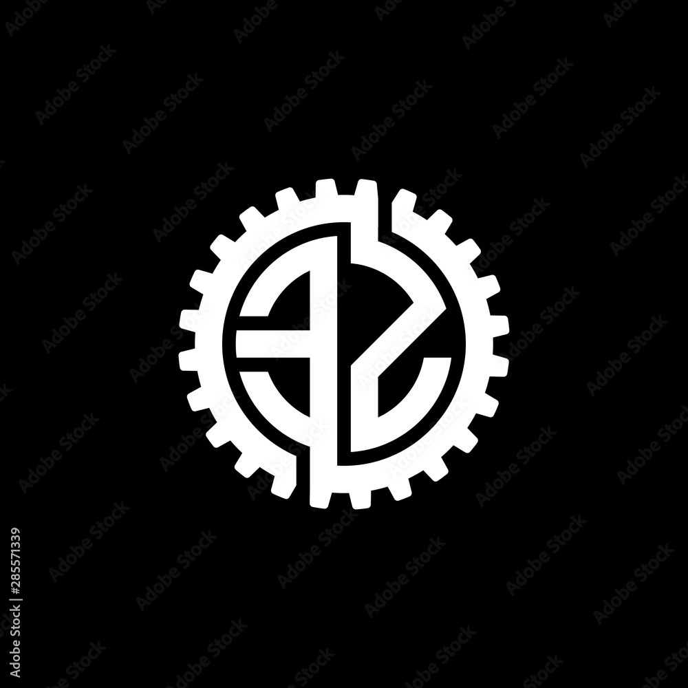 Initial letter E and Z, EZ, interlock cogwheel gear monogram logo, white color on black background Initial letter E and Z, EZ, interlock cogwheel gear monogram logo, white color on black background